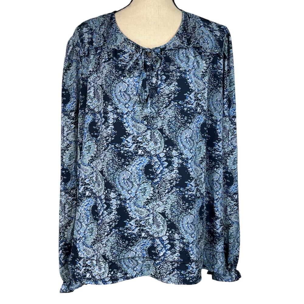 Joie XX-Large Parisian Peasant Top Paisley Long Balloon Sleeves Tie Keyhole Blue